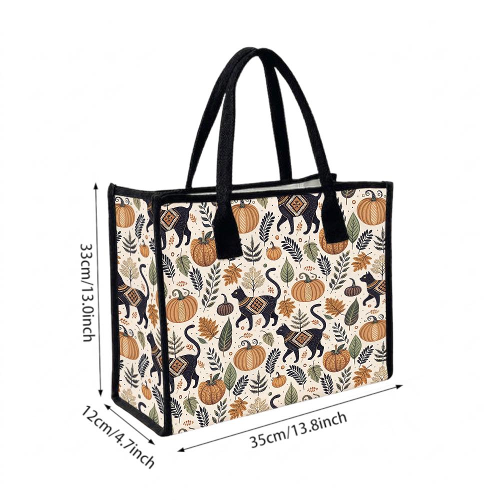 Autumn Cat Pumpkin Printed Canvas Tote Bag Casual Daily Shoulder Handbag for Shopping Travel
