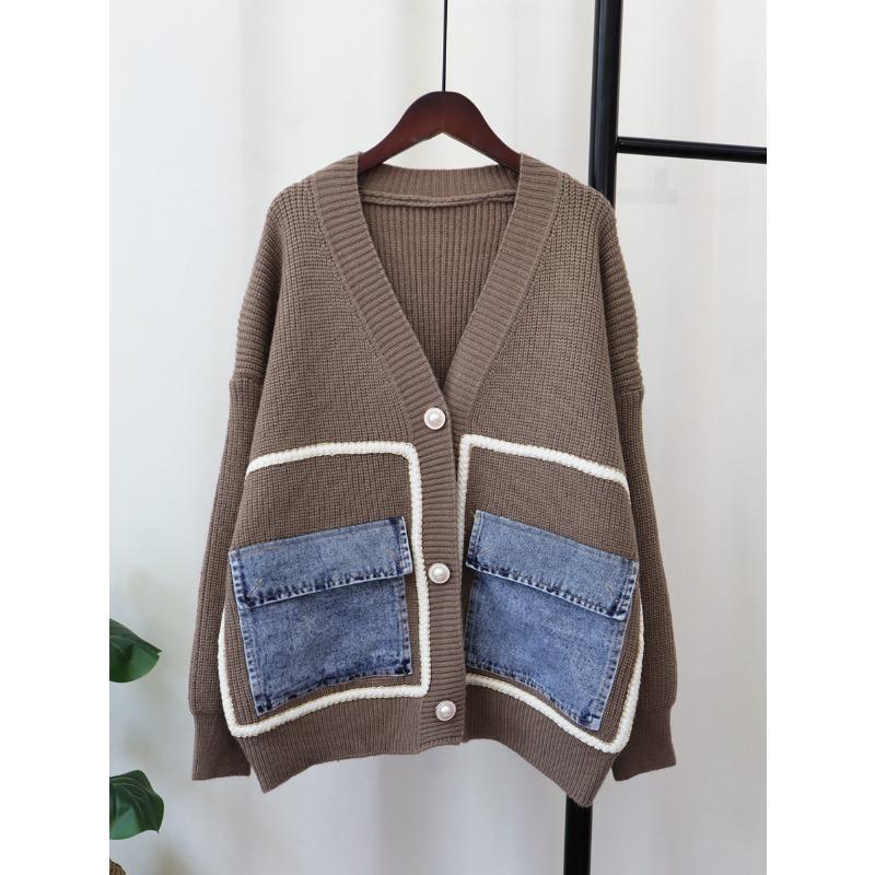 Autumn and winter new denim pocket knitted cardigan loose design temperament versatile sweater jacket women