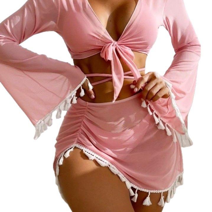 1011 New European and American Conservative Four-piece Set Solid Color Fringed Blouse Mesh Skirt Bikini Swimsuit Women