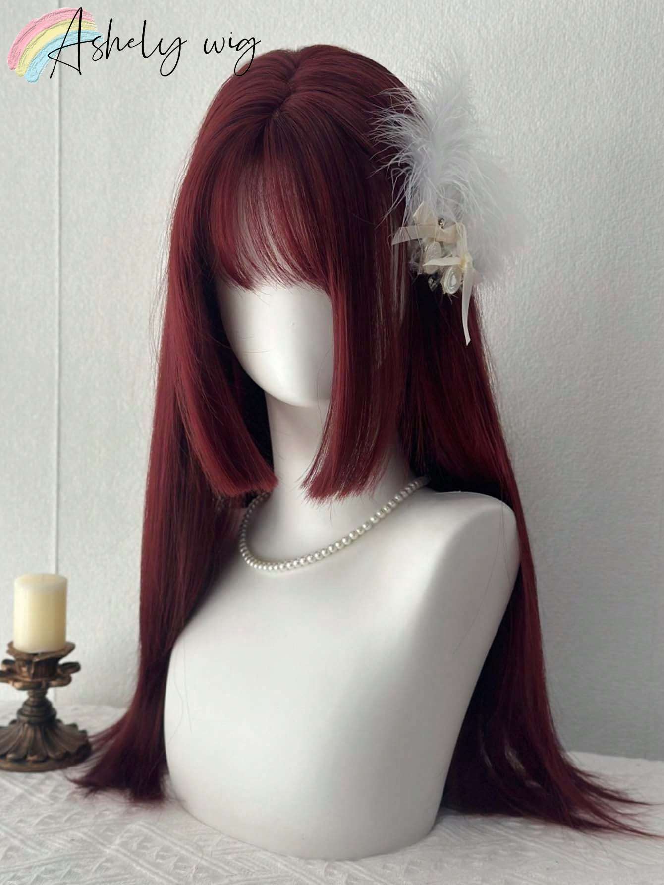 Ashely Cosplay Burgundy Long Straight Wig with Bangs 24 Inch Red Synthetic Wigs for Women Fashion Daily Party Wigs Lolita Wig (Red,24inches&1pc) красный