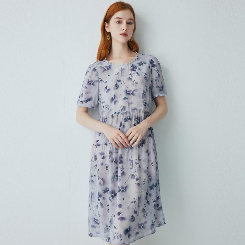 100% mulberry silk: Summer new round neck age reducing floral dress, elegant and slimming silk dress
