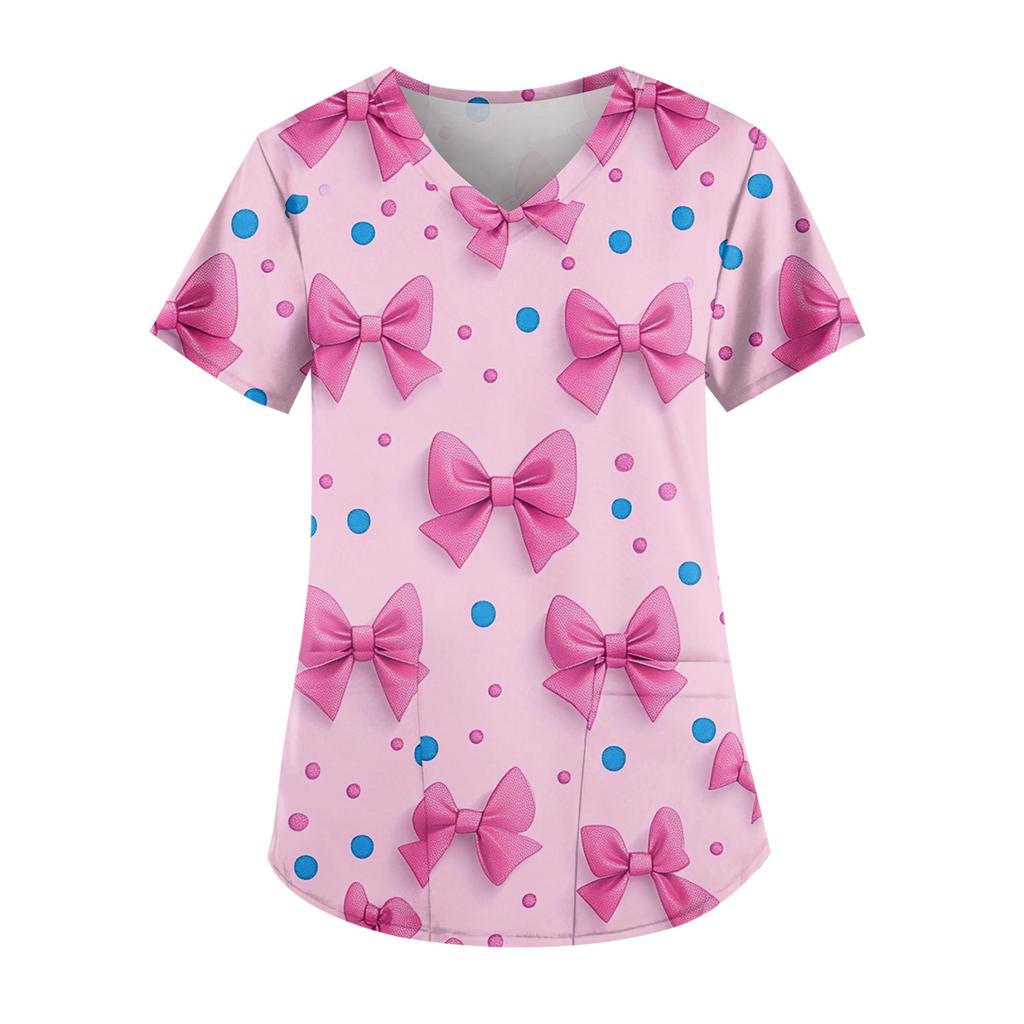 Women's Cute Printed Work Clothes V-neck Double Layer Pockets Basic Short Sleeve Top Pullover Christmas