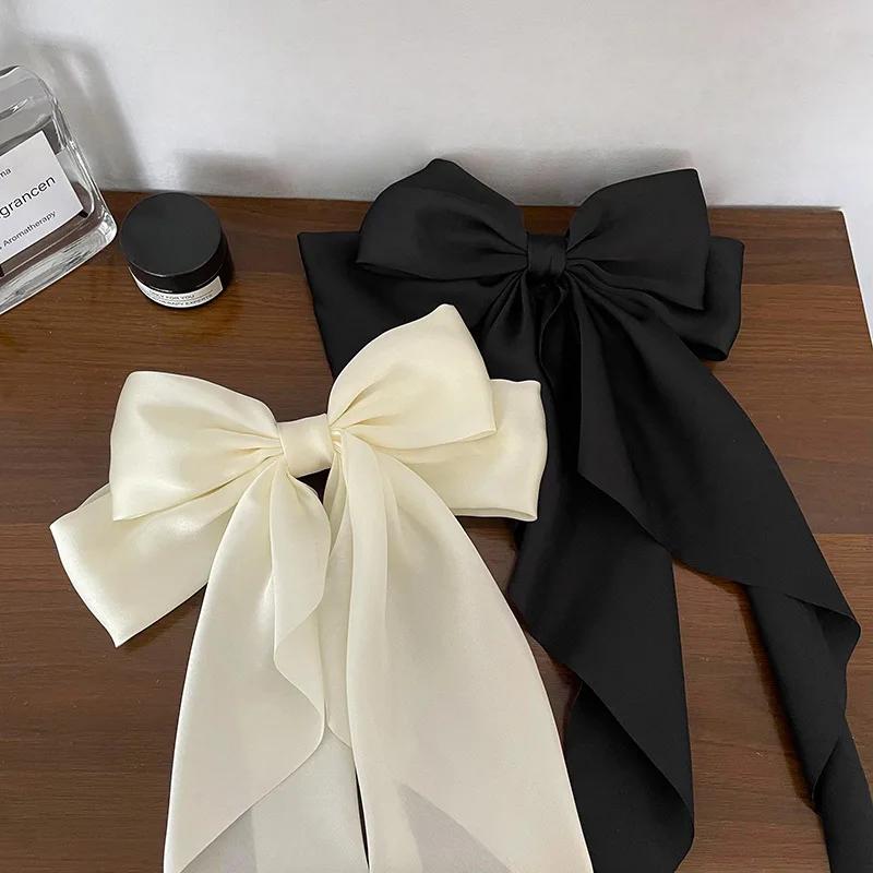 Korean Accessories Hair Clips for Women Girls Big Bowknot Solid Satin Long Ribbon Bows Spring Clamp Barette Cheveux Femme 2026