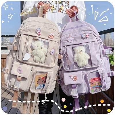 Backpacks Candy Color Sweet Cute School Bags Large Capacity Multi-pockets Water Proof Students College Korean Style(Without Toy Accessories)