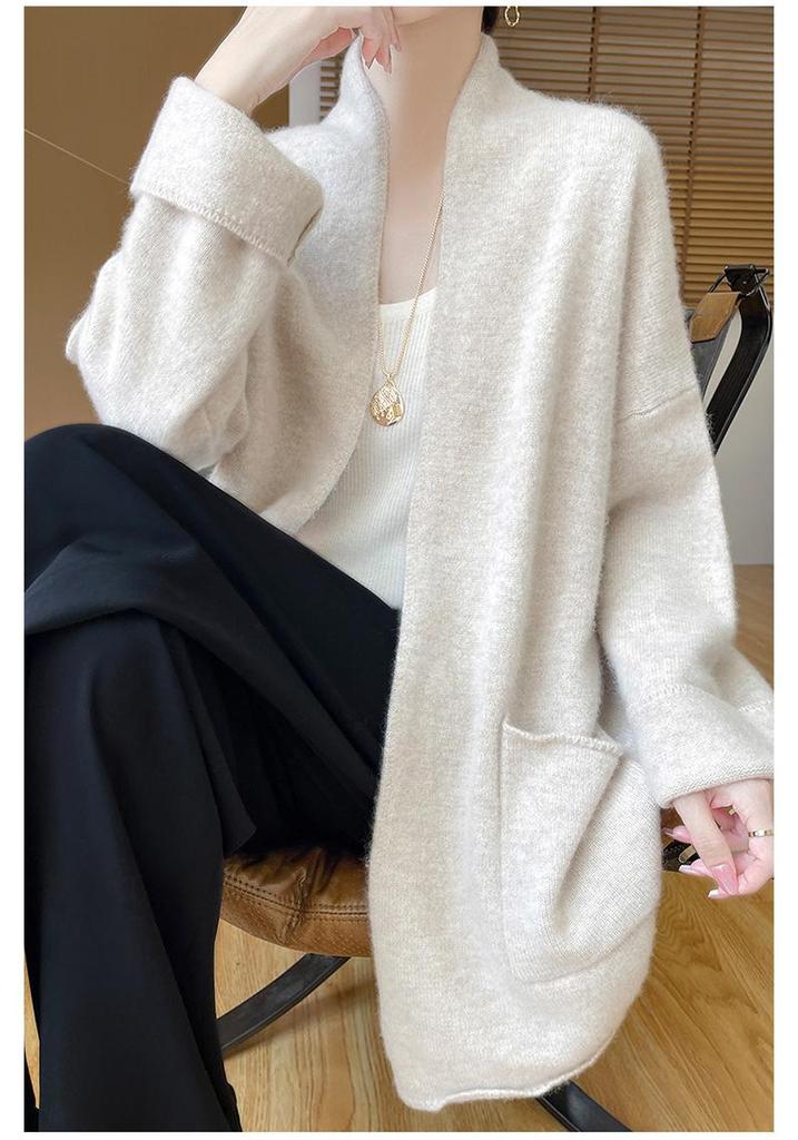 Women's Autumn Mid-Length Wool Knit Cardigan with Pockets - Loose, Lazy Style Shawl