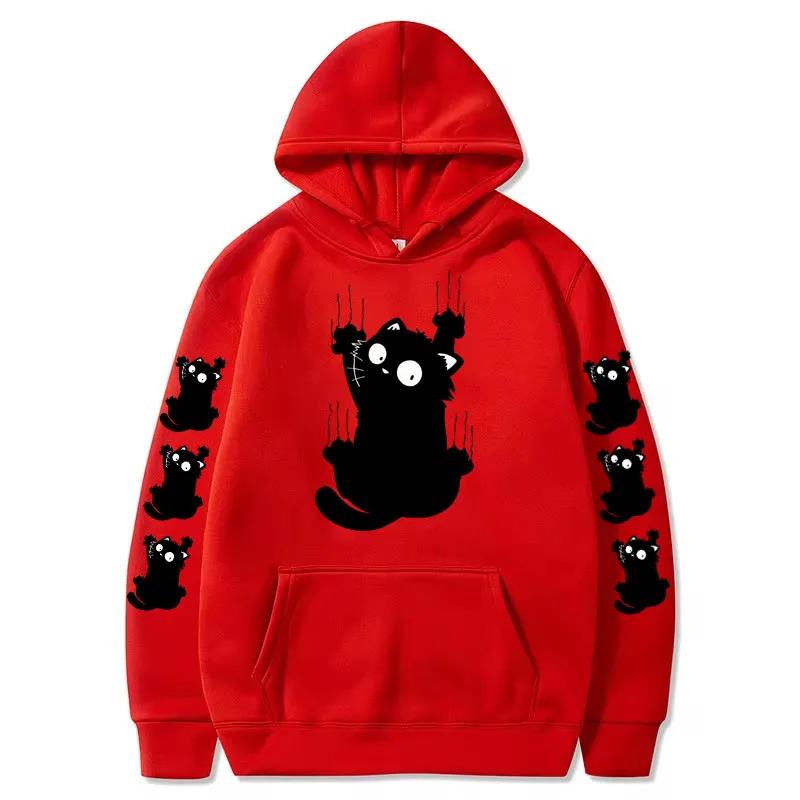 Autumn Winter Women Funny Cat Print Hoodie Casual Drawstring Hooded Long Sleeve Pocket Sweatshirt Cat Women's Clothing