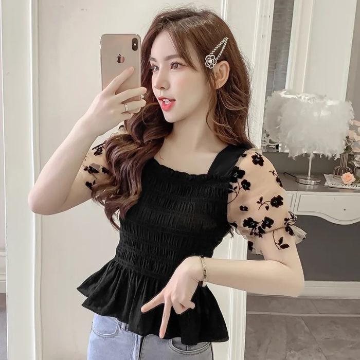 

Женская стильная сетчатая рубашка с квадратным вырезом - Стройнящая, С акцентом на талии, С коротким рукавом, Летний модный кроп-топ M