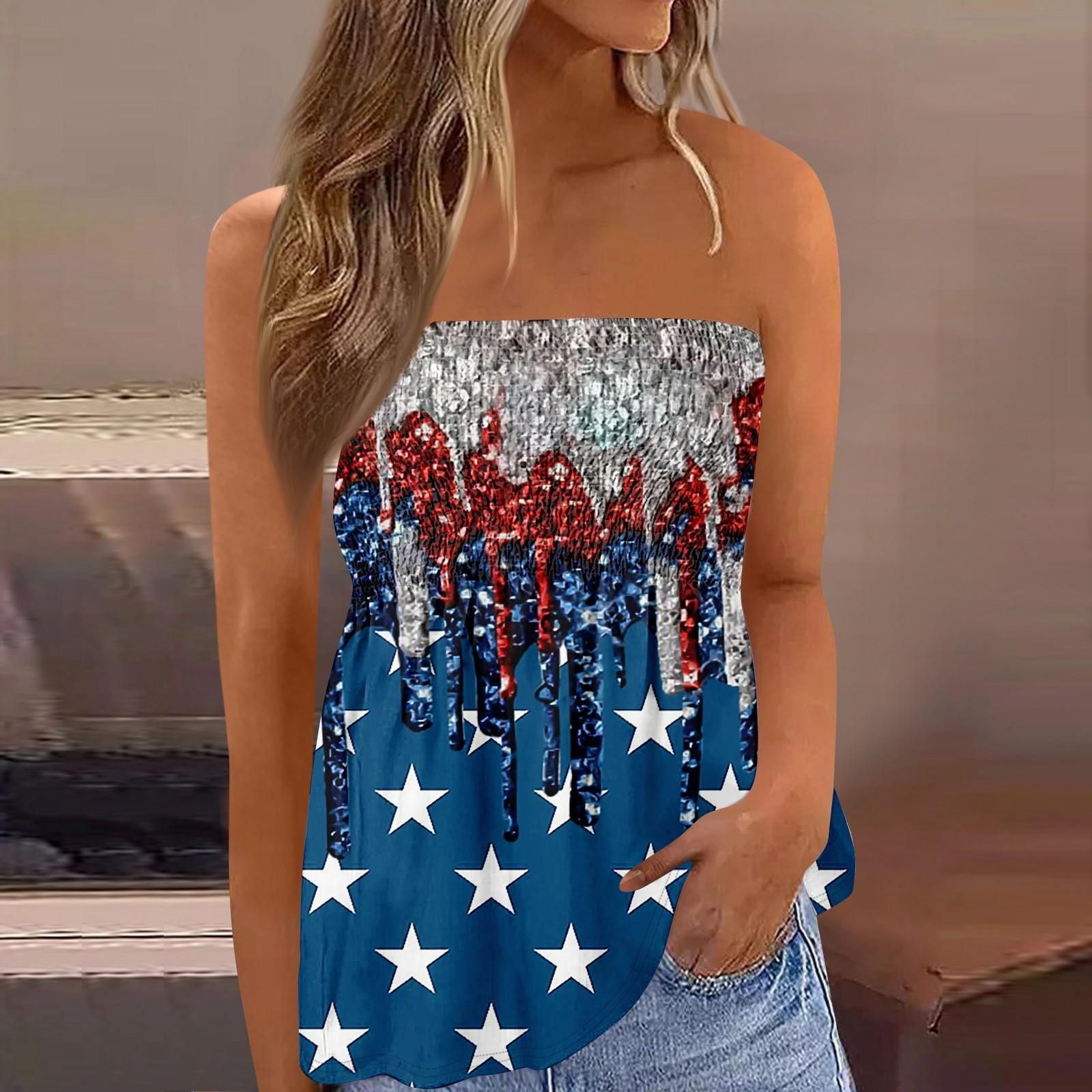 

Топы-трубы для женщин, милая сексуальная футболка без рукавов с открытыми плечами и принтом в честь Дня независимости L синий