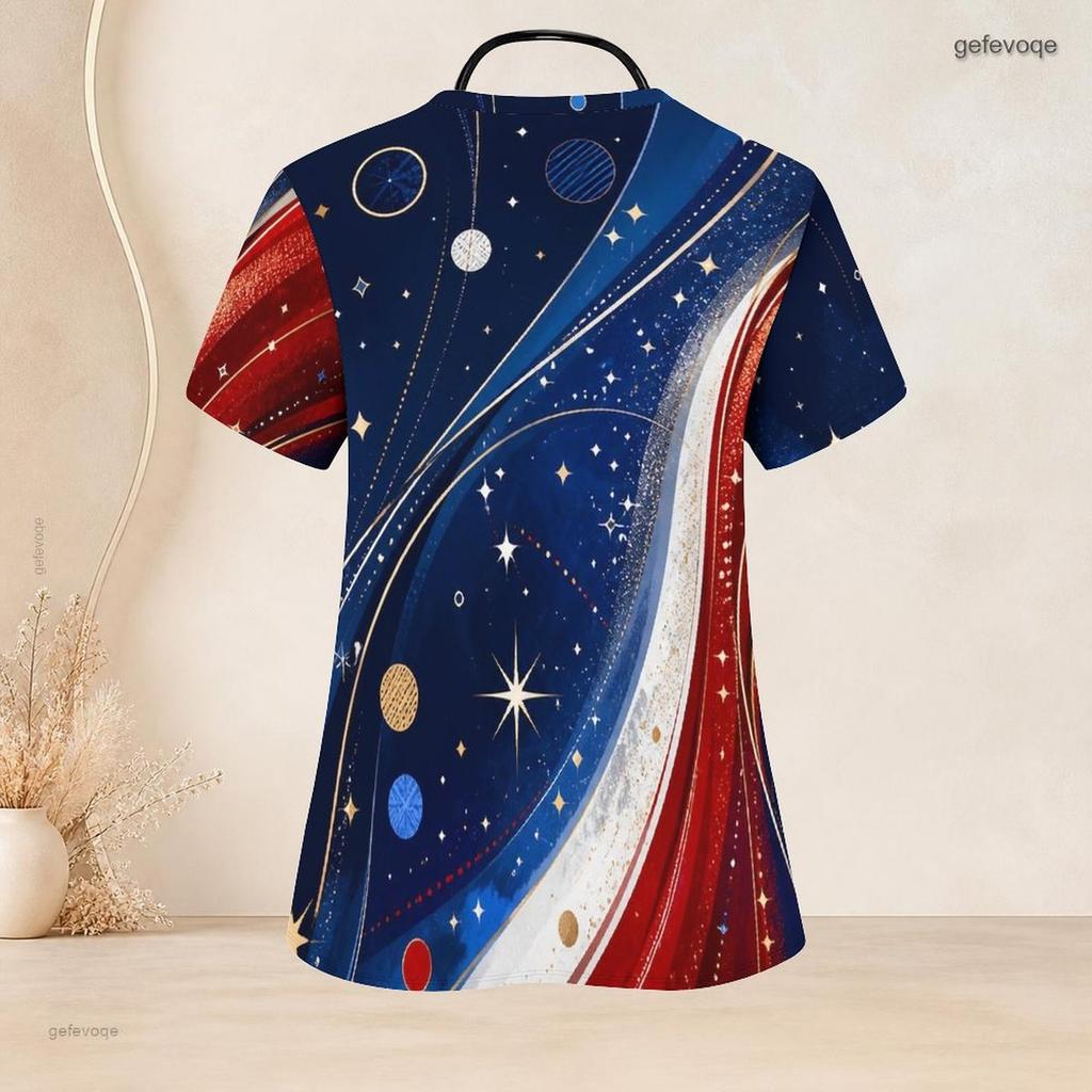 Women Plus Size V Neck Short Sleeve Star Printed Nurse Scrub Top With Front Pockets
