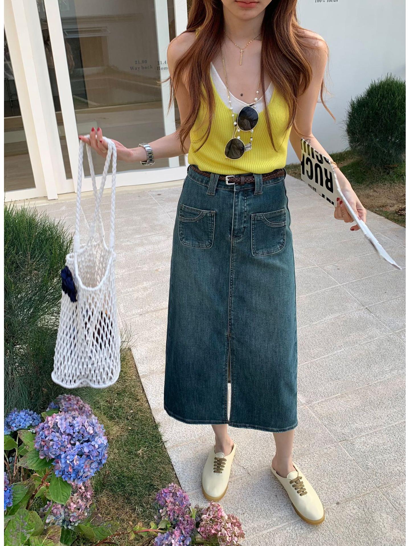 

Spring Arrival European & Korean Style Stretch Midi Denim Skirt with Slit & Belt - Butt-Lifting Hip-Hugging Design Extra Large серый/индиго