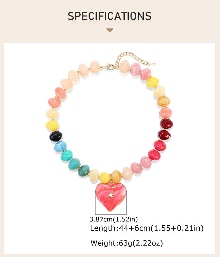 Rainbow Resin Bead Necklace for Women, Chunky Pave Crystal Large Heart Pendant, Dopamine Summer Beach Y2K Statement Jewelry