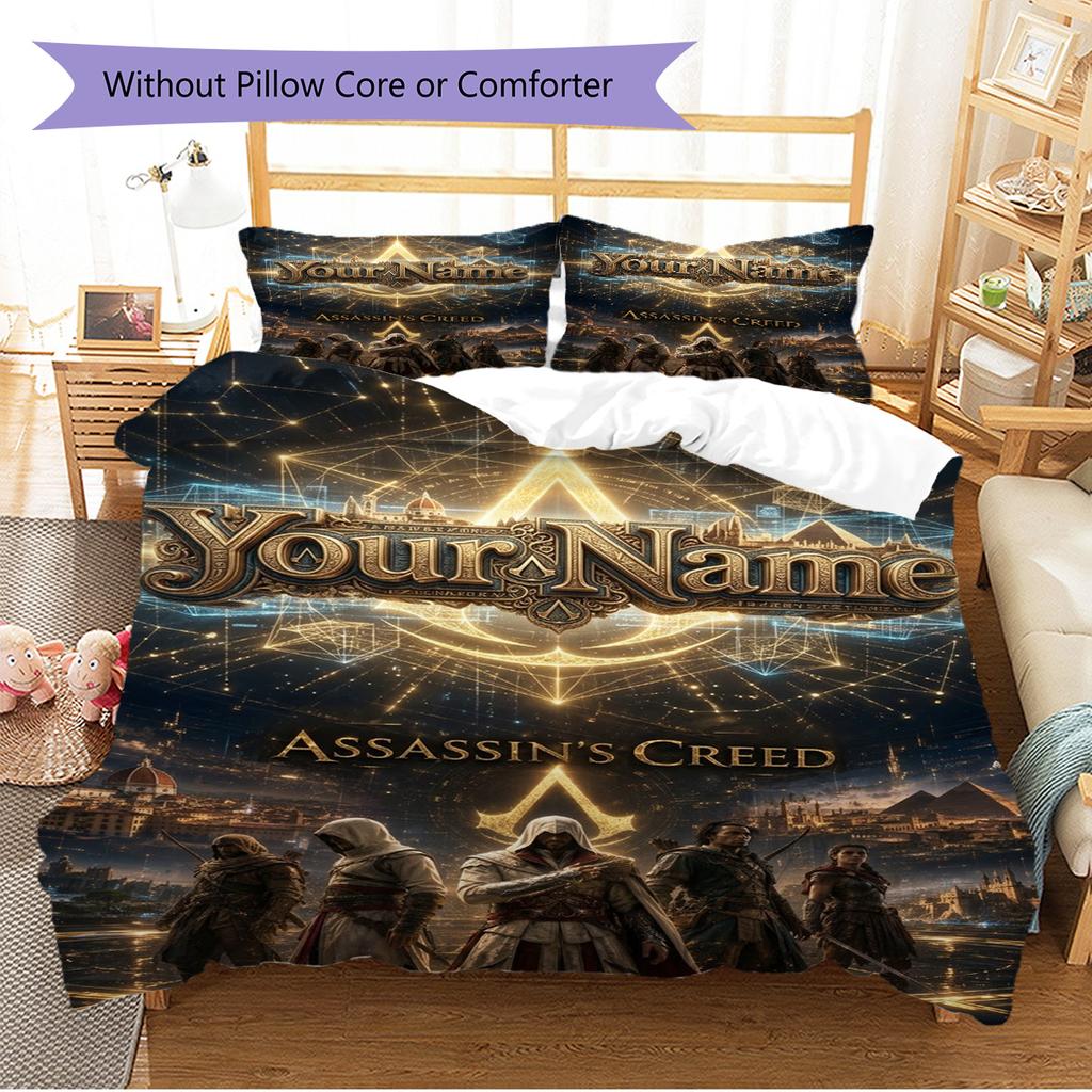 Name Custom Assassin Creed Pattern Bedding Set Quilt Cover Pillowcase Home Decor Gift (1 * Duvet Cover + 2 * Pillowcase, Without Core)