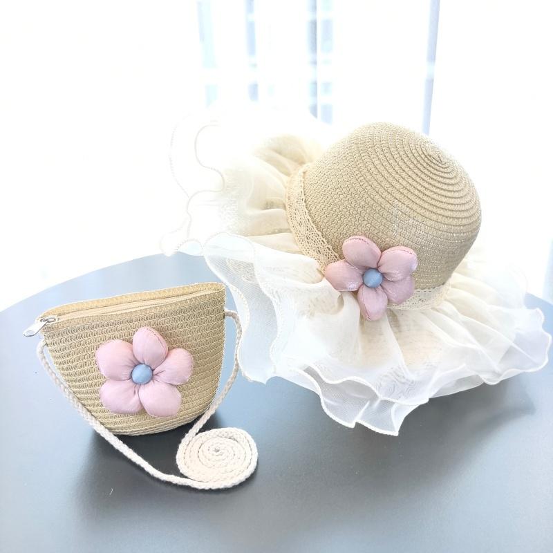 

2 pieces of summer straw flower hats + crossbody bag - Suitable for little girls. 3-7Y бежевий