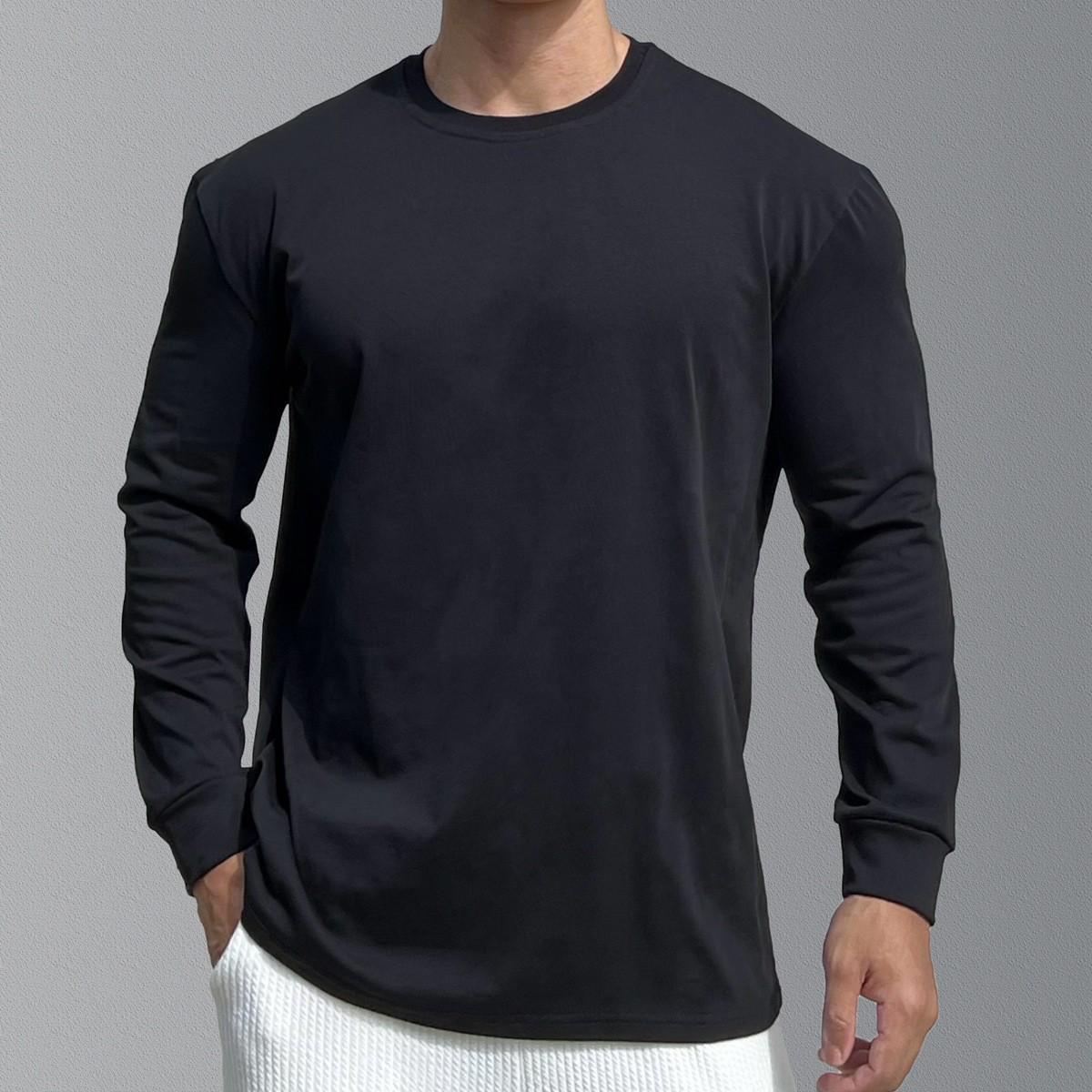 

Мужской модный хлопковый тренировочный топ с длинным рукавом и наплечниками для бега и баскетбола - осенне-зимний базовый слой с круглым вырезом Medium чёрный