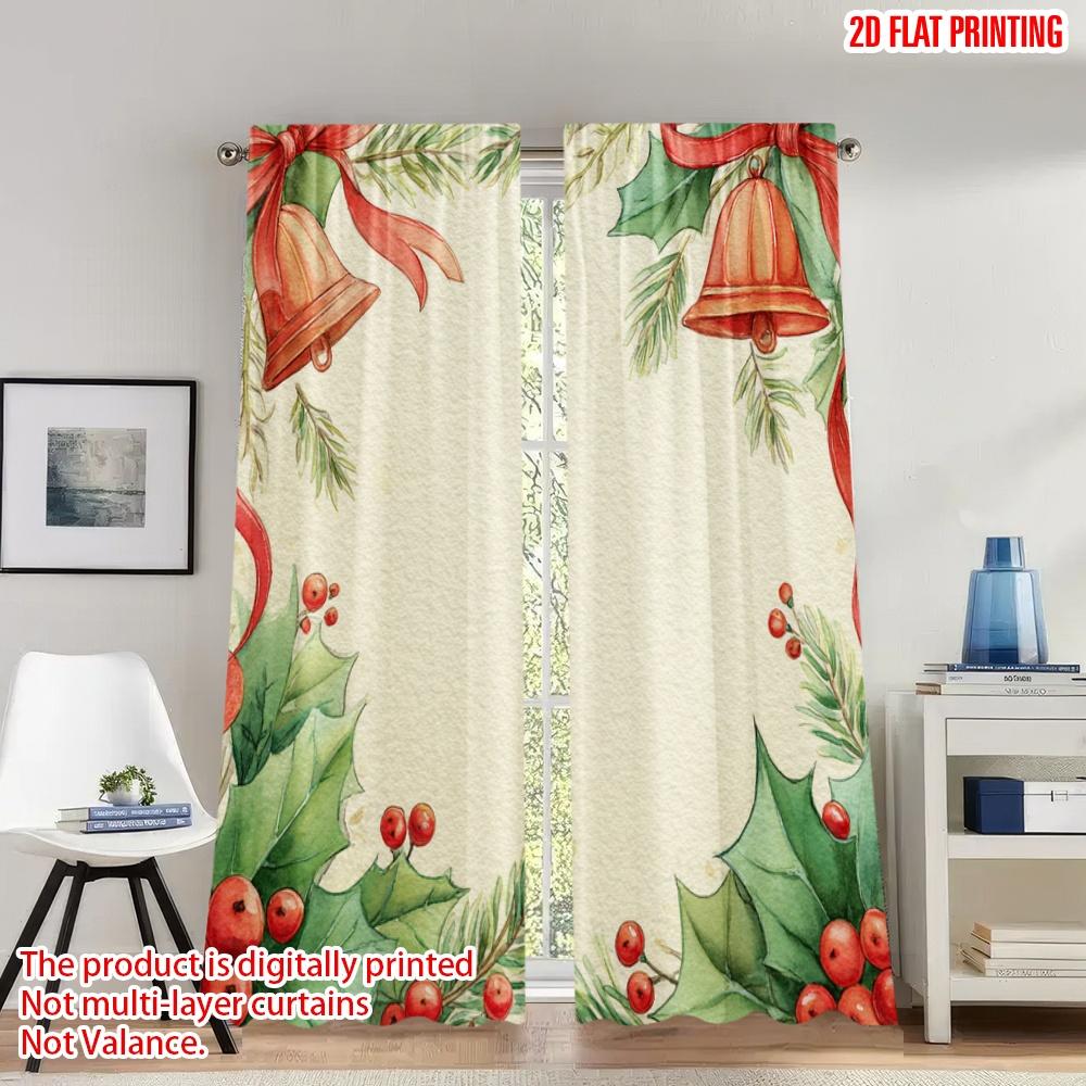

Set Of 2 Flat Printing Christmas Hot Party Curtains Holly Bells Border Digital Printed Polyester Drapes Family Made W100*H70(CM)-Grommet top&1PCS