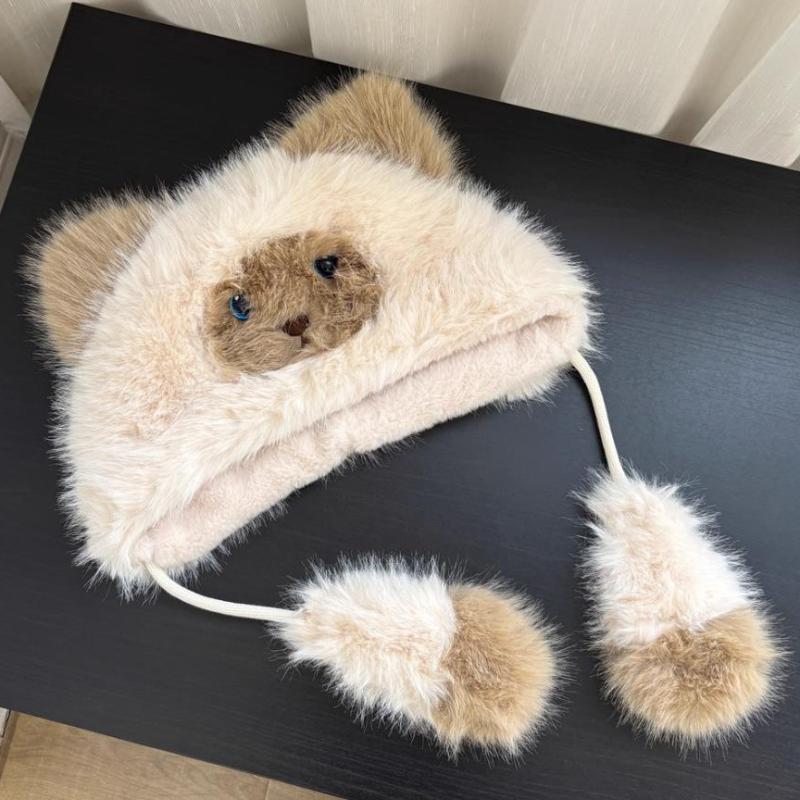 Thicken Raccoon Hat With String Winter Warm Ear Protection Cap Women S Cold-Proof Outdoor Hats Big Head Circumference Fur Hat бежевый