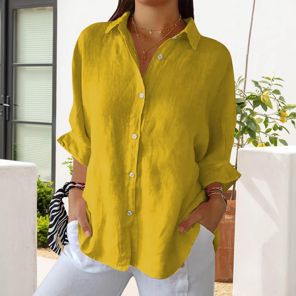 Damen Modisches, einfarbiges, lässiges Spitzen-Shirt mit 3/4-Ärmeln und Revers auf der Rückseite