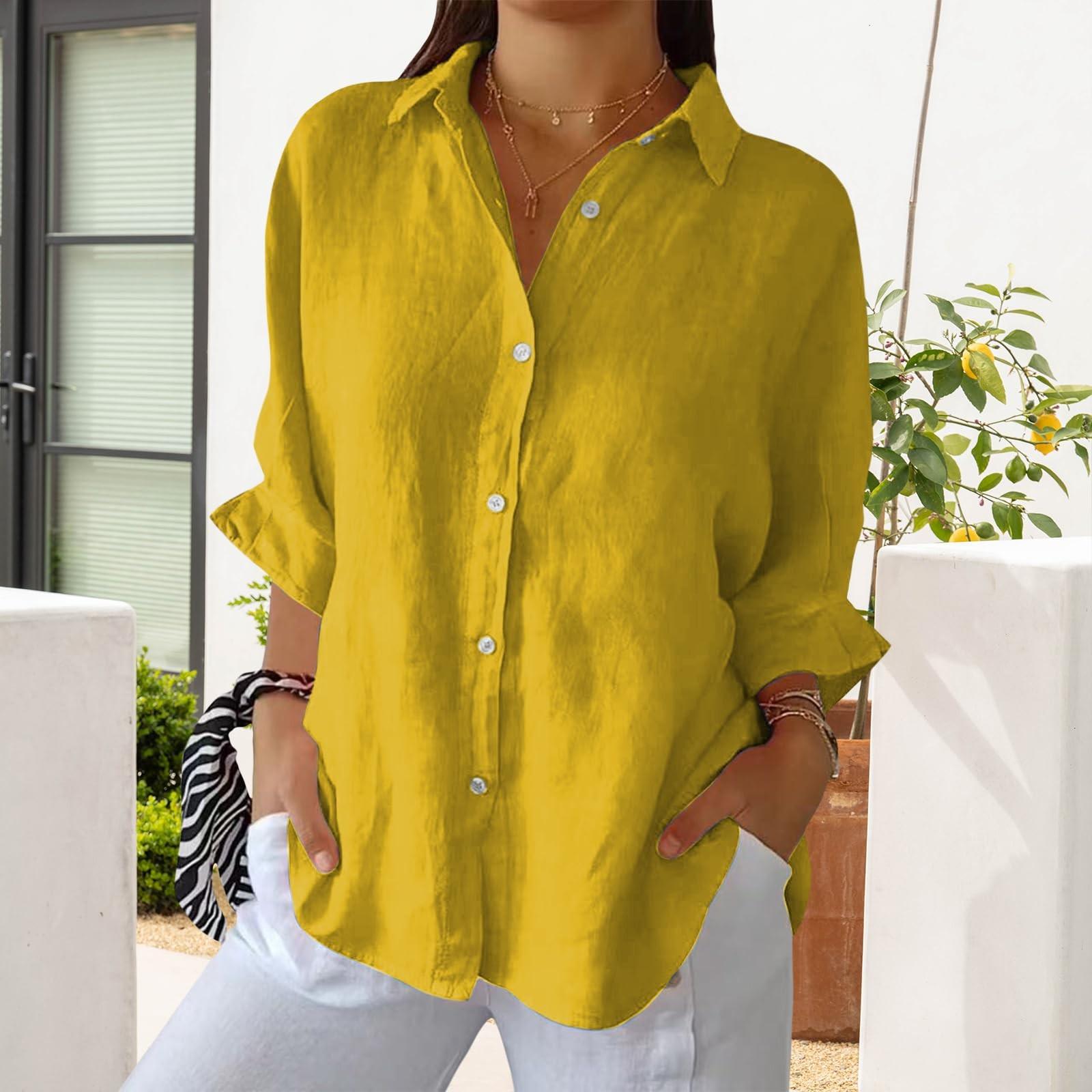 

Женская модная однотонная повседневная кружевная рубашка с рукавами 3/4 и отворотами сзади XXXXL жёлтый