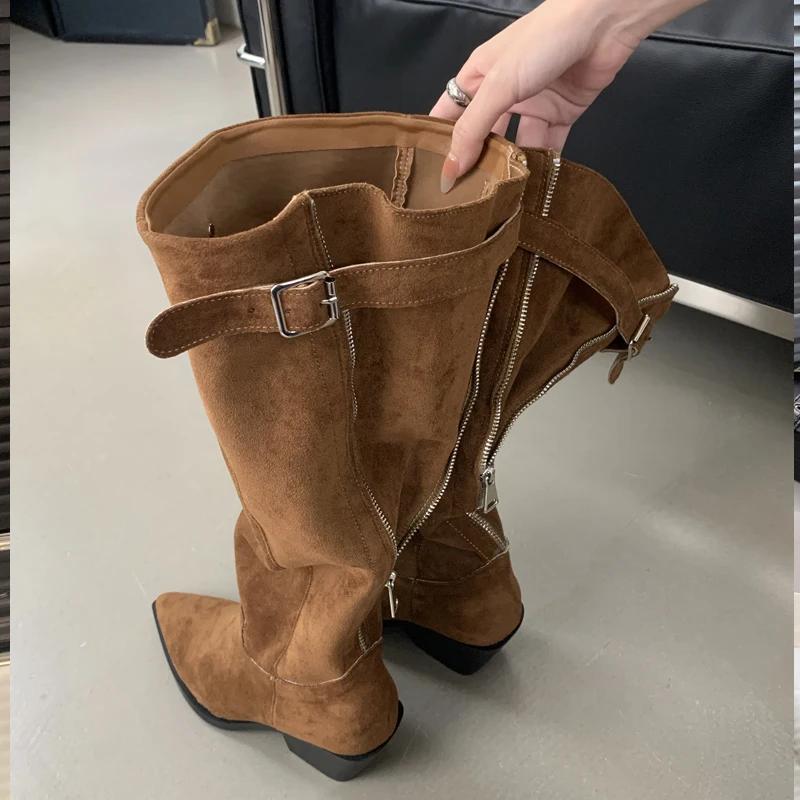 Fashion Eilyken Winter Belt Buckle Pointed Toe Women Knee-High Boots Fashion Vintage Square Low Heels Ladies Shoes