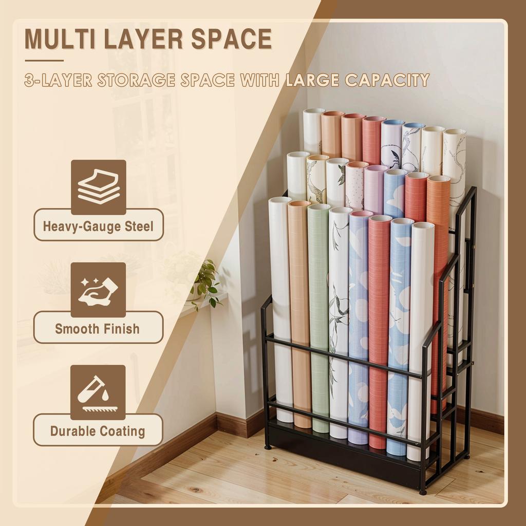 3 Tier Metal Vinyl Roll Holder Fabric Roll Storage Rack Craft Roll Storage and Organizer for Car Window Film PVC Film Tablecloth