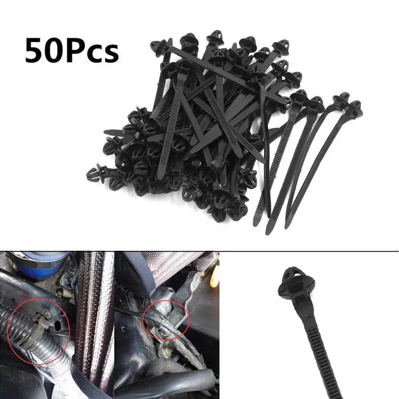 50x Schwarze Anhänger-Kabelbinder mit Klettverschluss, Drucknieten, Clips mit Verriegelungstyp, Bindeblech, Nylon-Kabelbinder, Auto-Befestigungsbinder, Universalklemmen