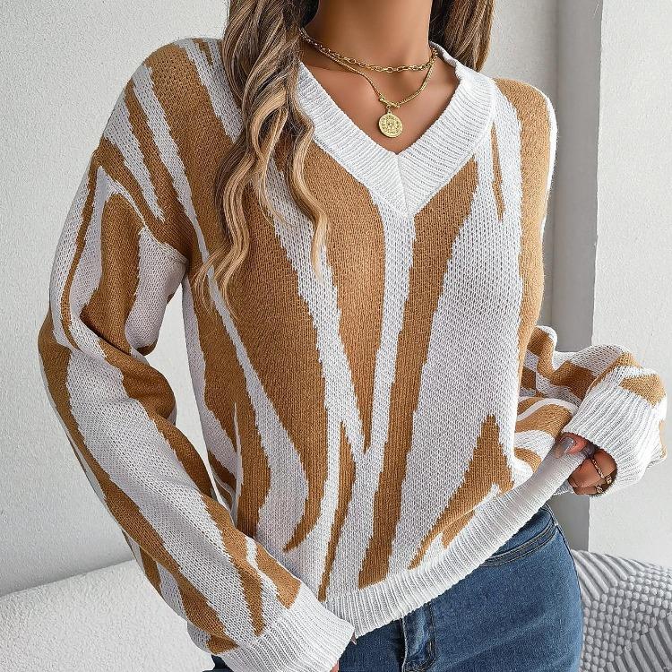 Color Print Loose Knitwear V Neck Cardigan Sweater Long Sleeve Vintage Autumn Winter Top