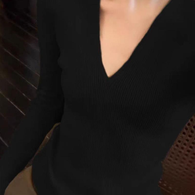 

Однотонный трикотажный топ с V-образным вырезом, женский осенне-зимний новый свитер, тонкая и универсальная рубашка с длинными рукавами M чёрный