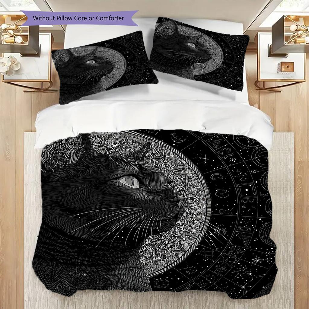 Black Cat Pattern Bedding Quilt Set Quilt Cover Pillowcase Home Decoration Birthday Gift (1 * Duvet Cover + 2 * Pillowcase, Without Core)
