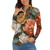 Women's Casual Fashion Retro Floral Print Long Sleeve Zipper Neck Top T-shirt
