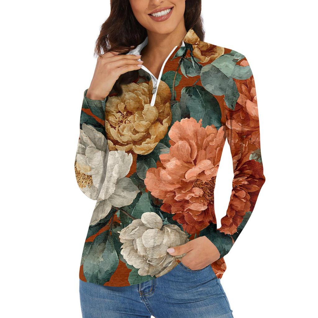 Women's Casual Fashion Retro Floral Print Long Sleeve Zipper Neck Top T-shirt