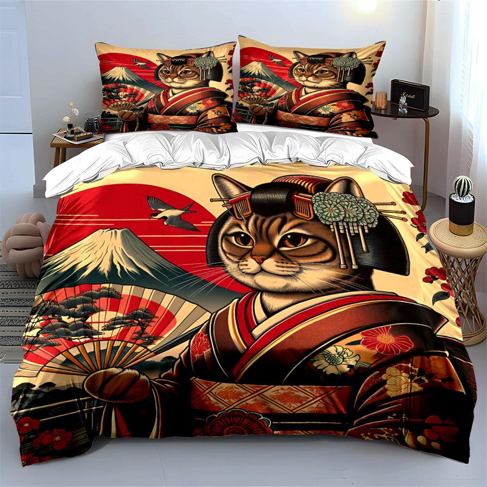 Japanese Style Cat Art Decor Bedding Set with 1 Duvet Cover 2 Pillowcases Single Double King Queen, Gift