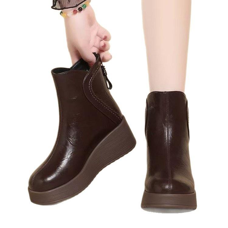 Bottes Martin en cuir souple à semelles épaisses, nouvelles bottes d'hiver épaissies à bout rond, petites bottes rehaussantes, chaussures en coton