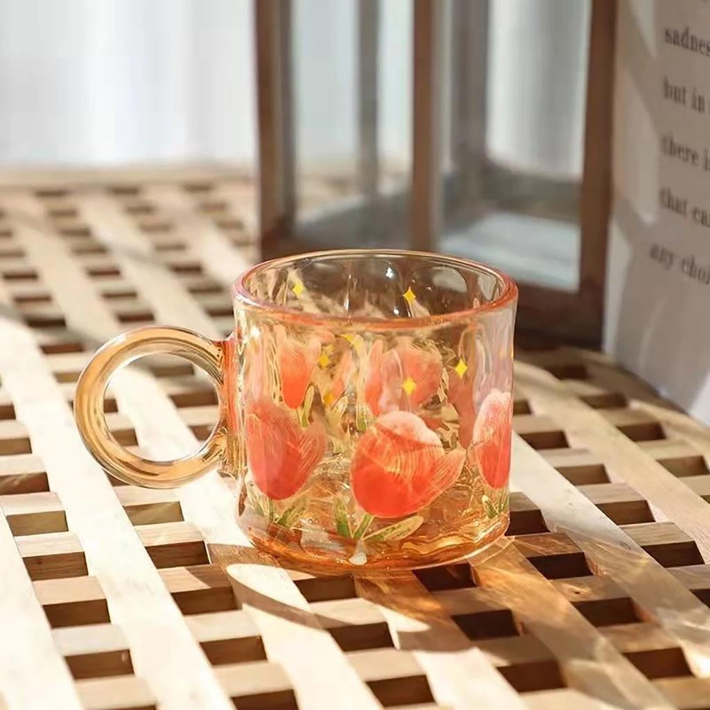 1 Stück-Ins Niedlicher Druck Tulpe Wasserbecher Glasbecher Hohes Borosilikatglas Wasserbecher Kaffeetrinkgläser Für Saft
