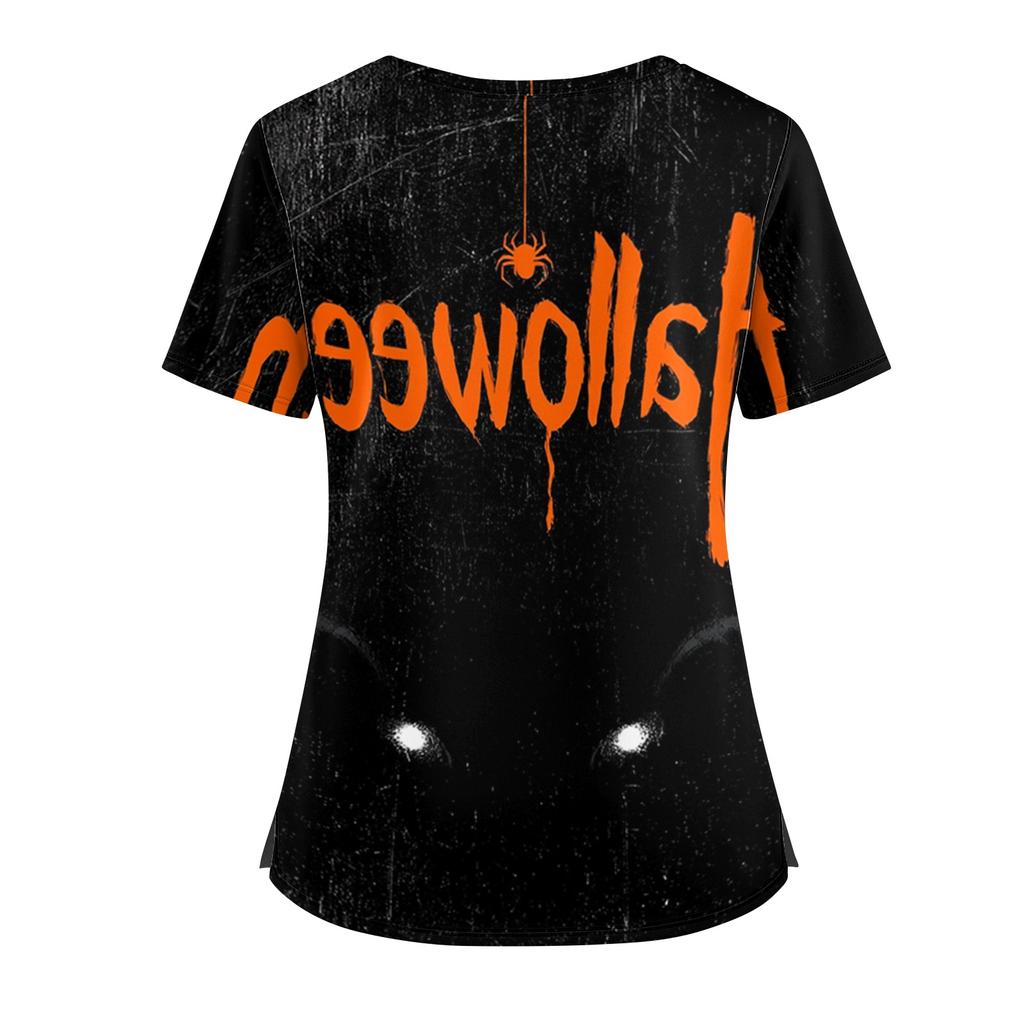 Womens V Neck Casual Halloween Print Top Short Sleeve Medical Scrub Shirt with Pockets Lightweight Comfortable Fit