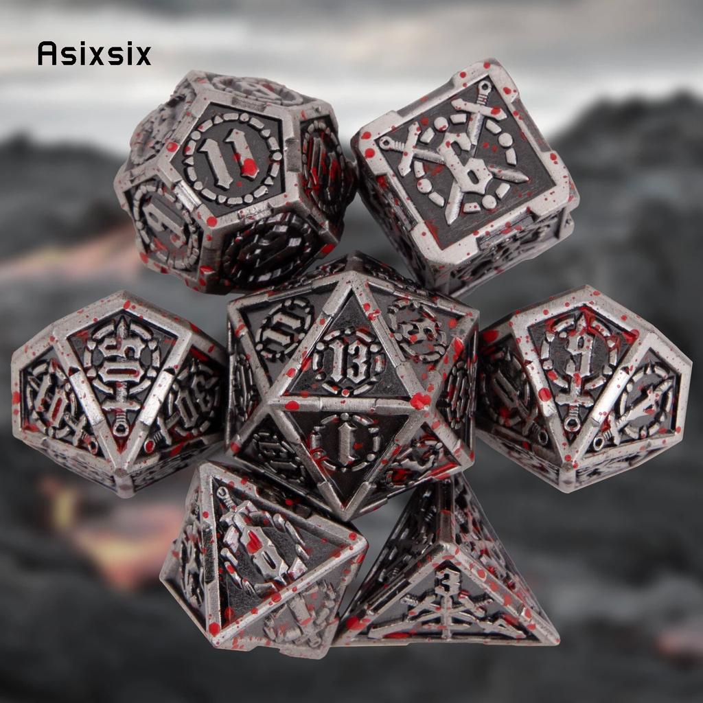 7 Pcs Silver Red Double Swords Metal Dice Solid Polyhedral Dice Set Suitable for Role-Playing RPG Board Game