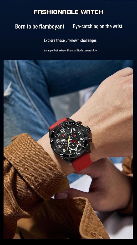 OFNS Men's Waterproof Quartz Chronograph with Silicone Strap and Steel Band, Business Calendar, and Small Second Display.