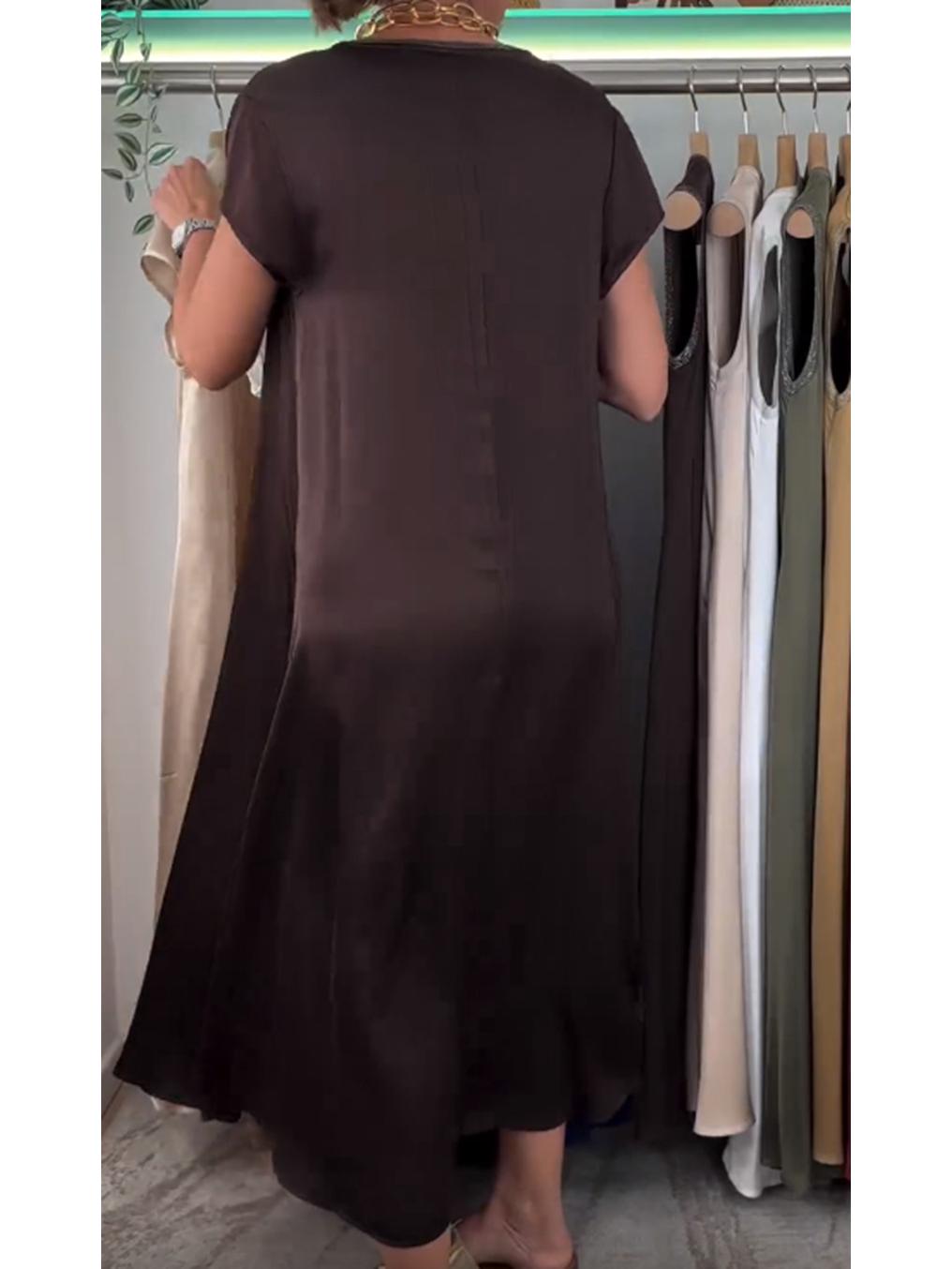 

2024 Осень Европейская и Американская Мода Атласное Платье с V-образным Вырезом и Короткими Рукавами M чёрный