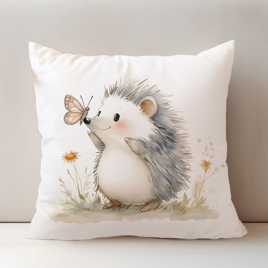 Cute Hedgehog Pillowcase Butterfly Flower Cushion Cover Watercolor Animal Art Soft Home Decor for Living Room Bedroom Sofa