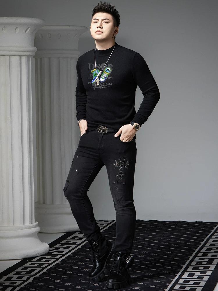 European Goods 2025 New Fashion Brand Print Sweater Men's Autumn Warm Inner Wear Half-high Collar Men's Knitted Bottoming Shirt