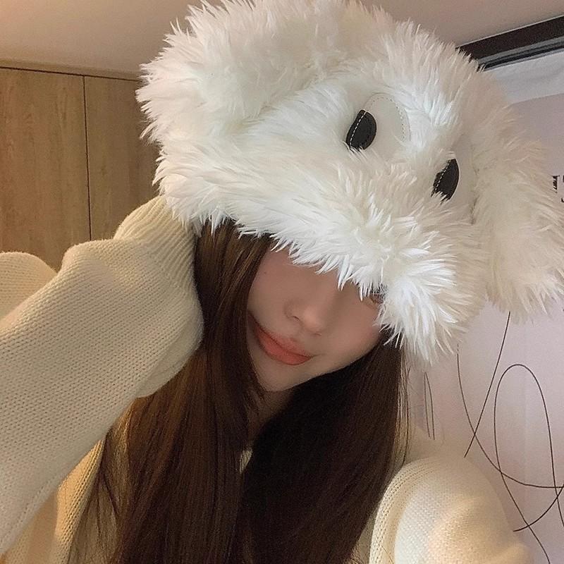 Japanese Funny Cartoon Big Eyed Puppy Pullover Hat for Women In Autumn and Winter  Warm Ear Protection  Sweet and Cute Thickened Plush Hat