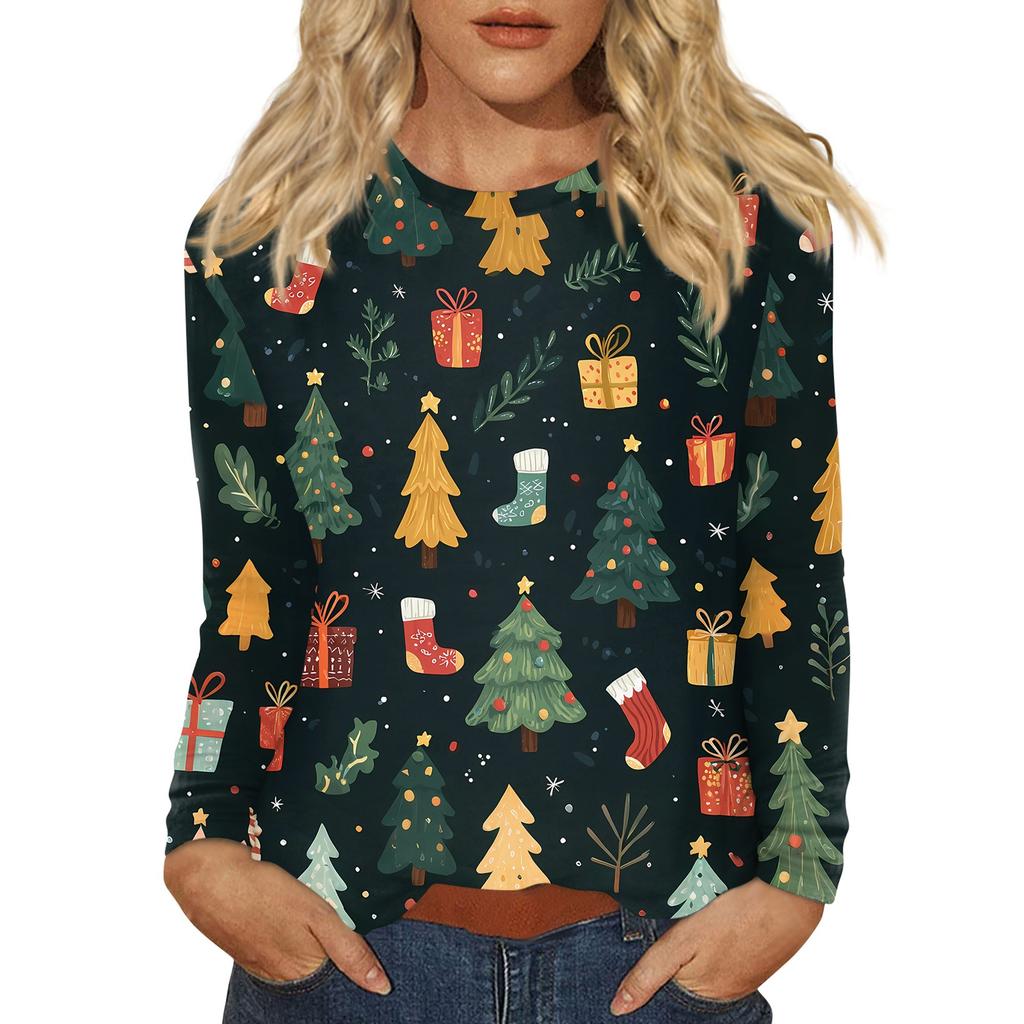 Women's Fashion Casual Christmas Printed Round Neck Long Sleeve Pullover Top