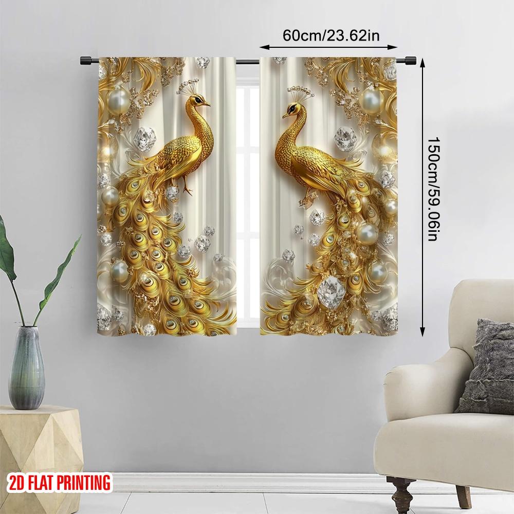 2Pcs 2D Flat Printing Beautiful Golden Peacock Printed Curtains Design Suitable For Bedroom Kitchen Dining Room Living Room