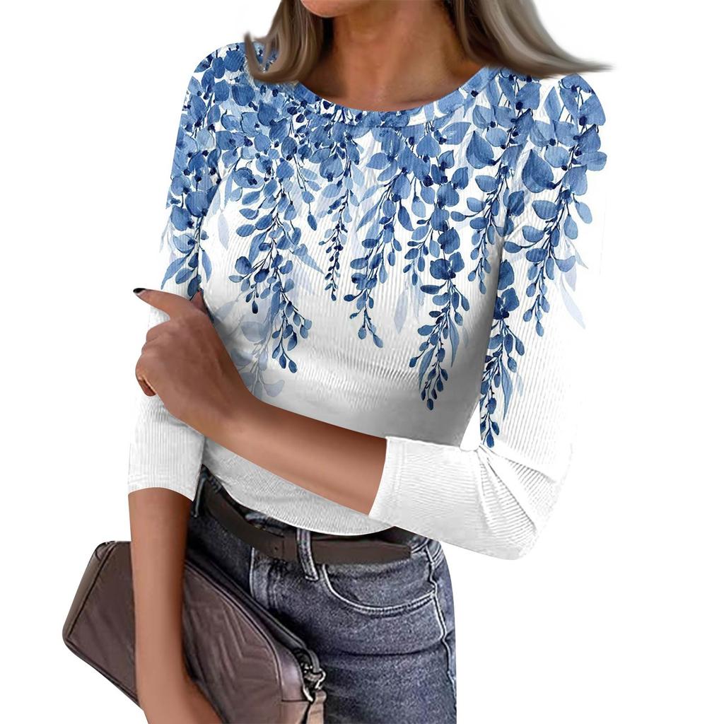 Women's Slim Bottom T-shirt Fashion Casual  Printed Round Neck Pullover Seven Sleeve Top