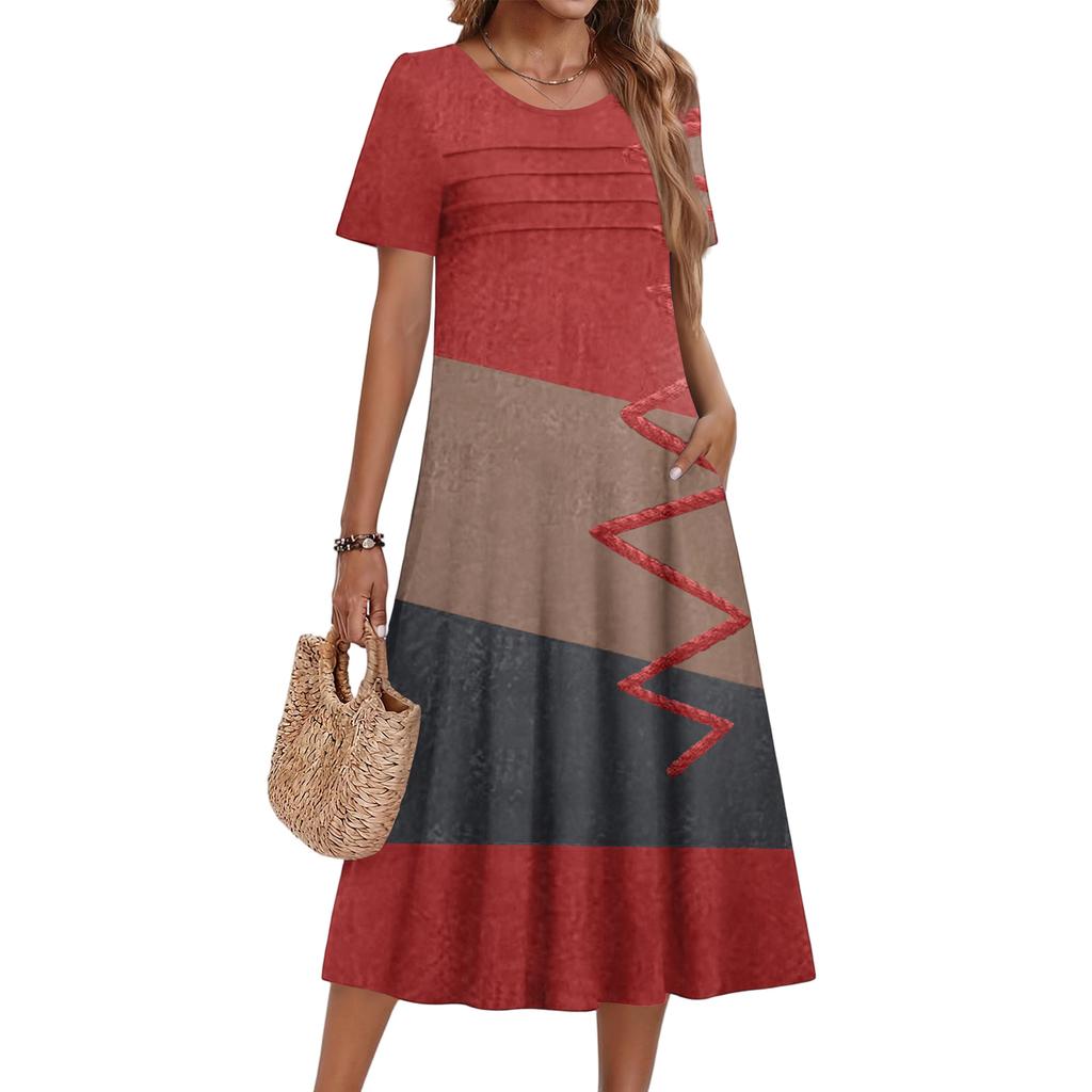 Damenkleid mit Blumenmuster, lässig und modisch, kurzärmelig, Rundhalsausschnitt