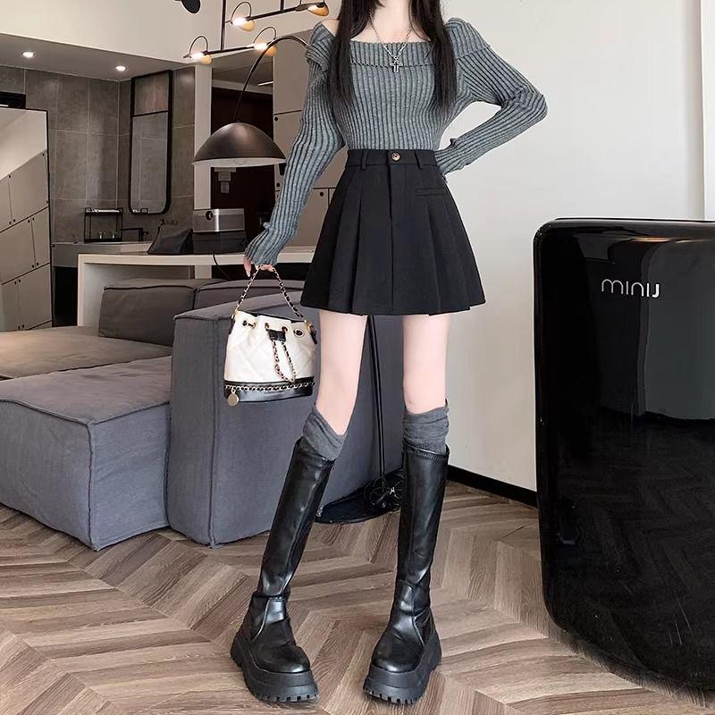 Women's High-Waist Wool Pleated Skirt - Autumn Winter Slim A-line, Anti-Exposure, Casual Short Skirt