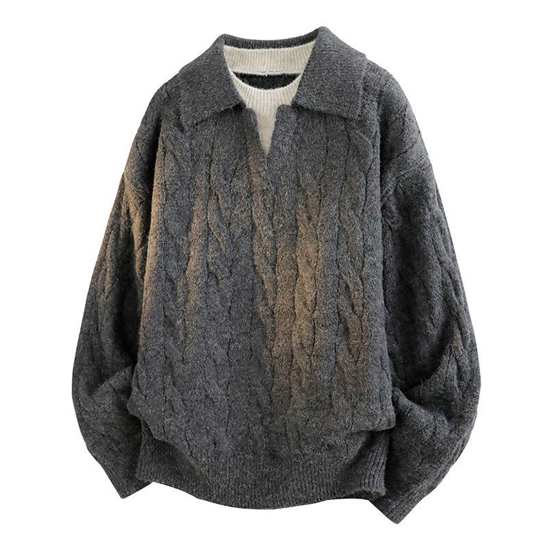 Men Fake Two Piece V Neck Twisted Knit Long Sleeve Casual Polo Sweater