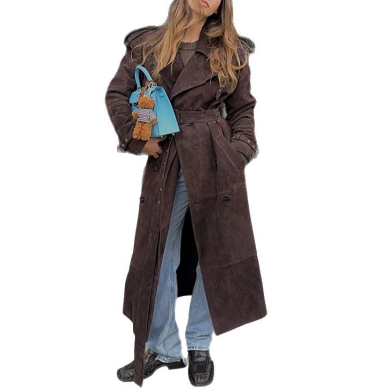 Womens Long Brown Suede Coat Oversized Casual Trench Winter Stylish Loose Fit