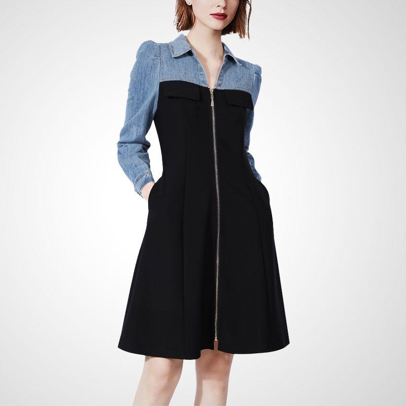 

Anti-Aging Fashion Denim Patchwork Autumn Long Sleeve Dress Color matching (Black + Blue) S