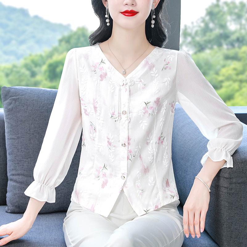 

Женская блузка из шифона с цветочным принтом и V-образным вырезом - Мода лета 2024 4XL розовый