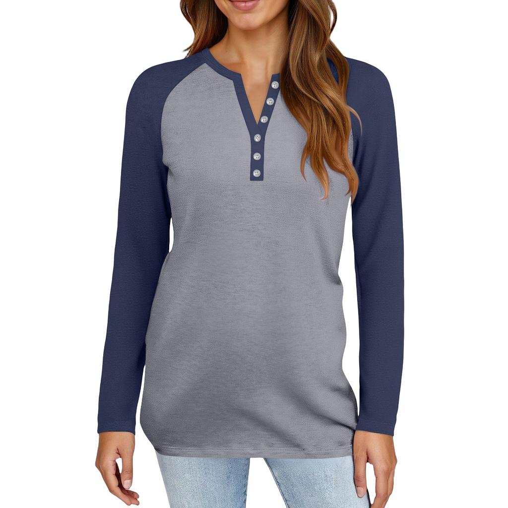 Women's T Shirt Color Block Button Long Sleeve Daily Weekend Fashion Basic V- Neck Regular Top